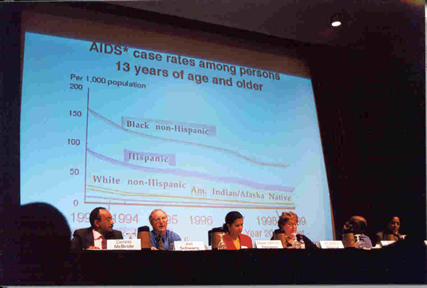 Panel discussion at the 2001 Annual Minority Health Conference (left to right): A. Dennis McBride. MD, MPH; Joel Schwartz, PhD; Marian Johnson-Thompson, PhD; Jacqueline Resnick; Bill Jenkins, MPH, PhD; Janet Southerland, DDS, MPH, PhD