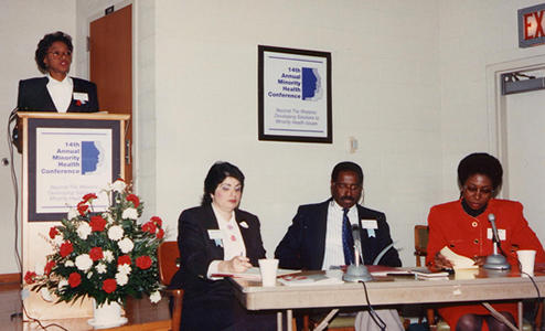 Panel discussion on cancer control, Laurie Elam Evans (student moderator), Electra Paskett, Ph.D., Rudolph Jackson, Dr.P.H., Sandra Headen, Ph.D. (L-R)