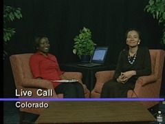 Camara Jones (right) and Kamilah Thomas (moderator) take a telephone call from Colorado during the Feb 2003 broadcast
